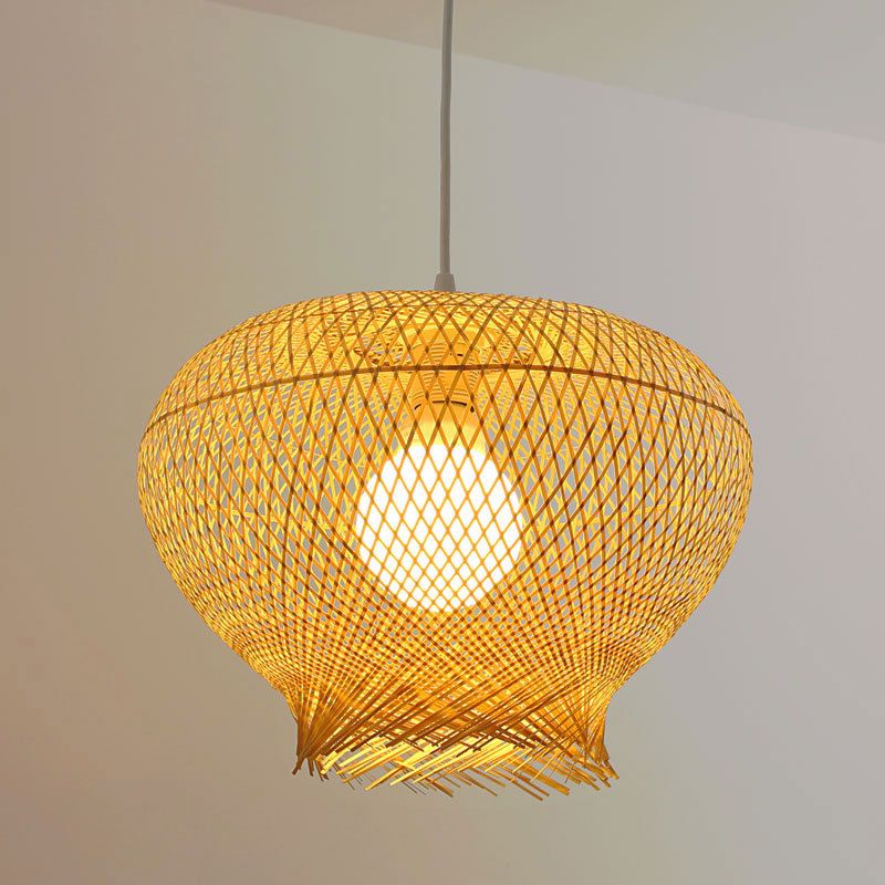 Bamboo Woven Ceiling Lamp Modern 1 Bulb Hanging Pendant Light in Wood for Living Room