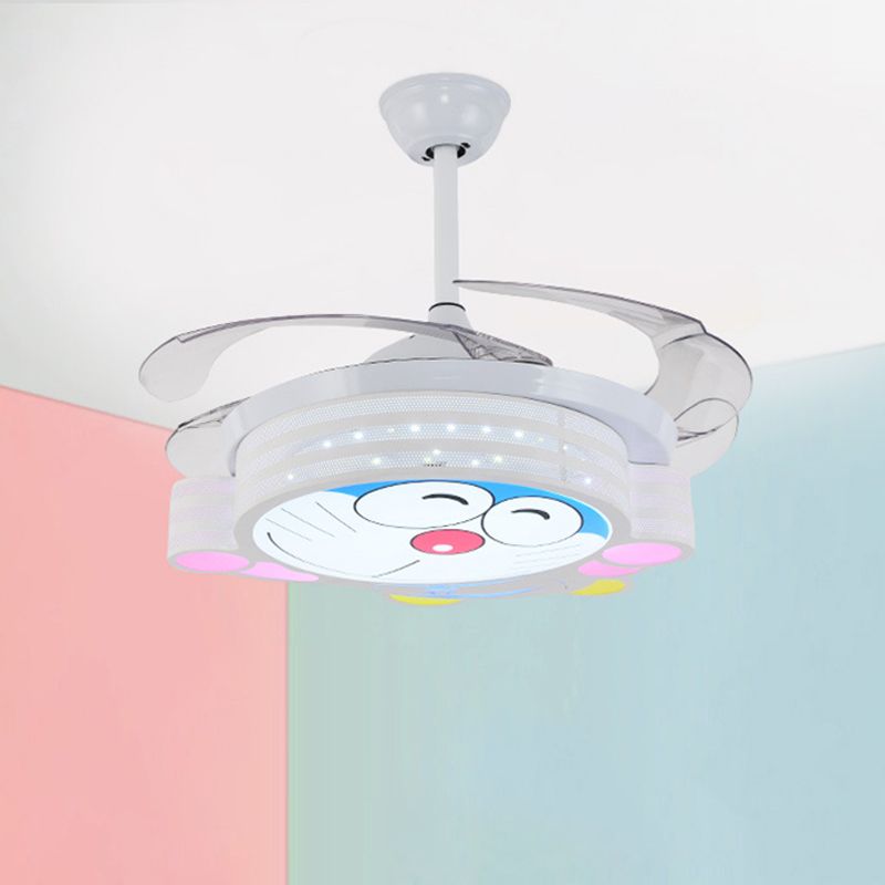 42" W Nordic Kids Round Semi Flush Lamp Metal Bedroom LED Ceiling Fan Light Fixture in White with Wall/Remote Control, 3 Blades