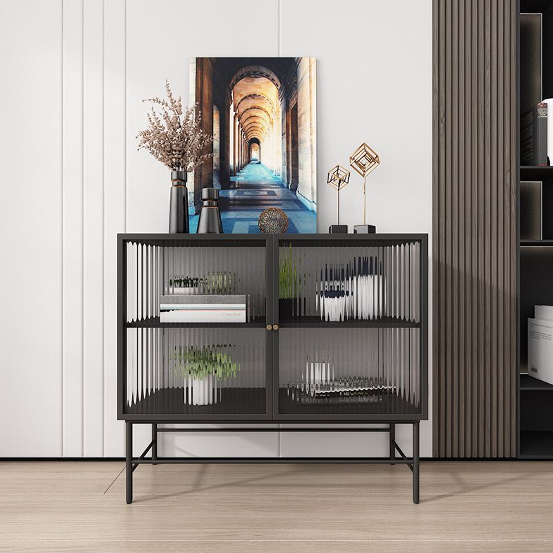 Modern Black Iron Sideboard Glass Doors Cabinets Dining Server for Living Room