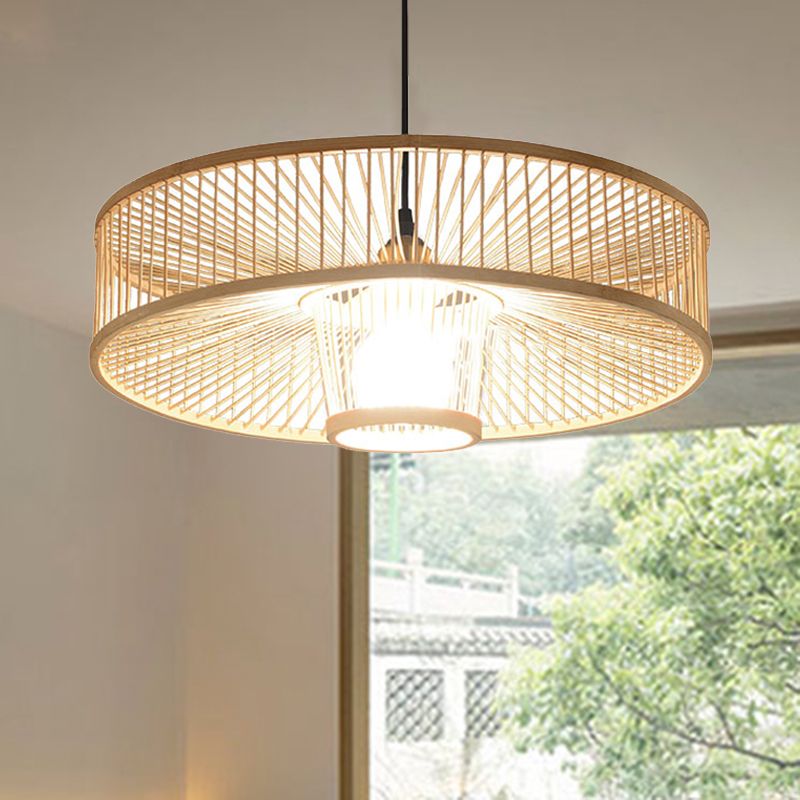 Handmade Round Ceiling Pendant 1 Light Asian Bamboo Pendant Light for Restaurant