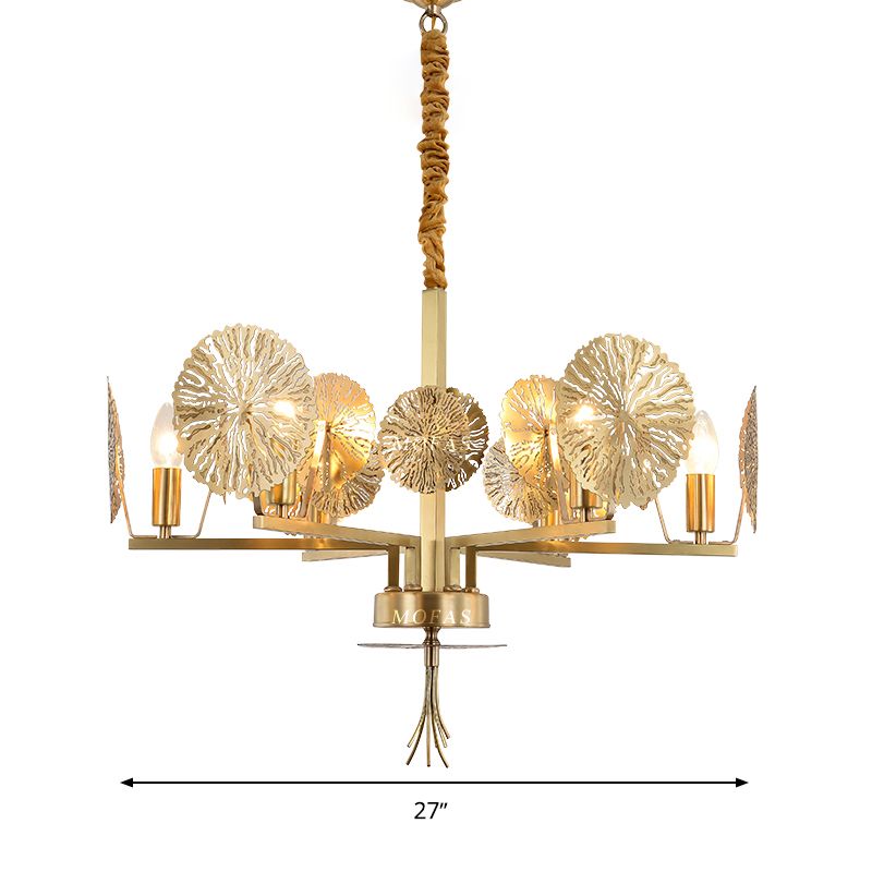 Colonial Lotus Pendant Ceiling Light 6/8 Heads Metal Chandelier Lighting Fixture in Gold for Living Room