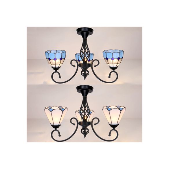 3 Lights Stained Glass Ceiling Light Vintage Tiffany Surface Mount Ceiling Light in White/Blue