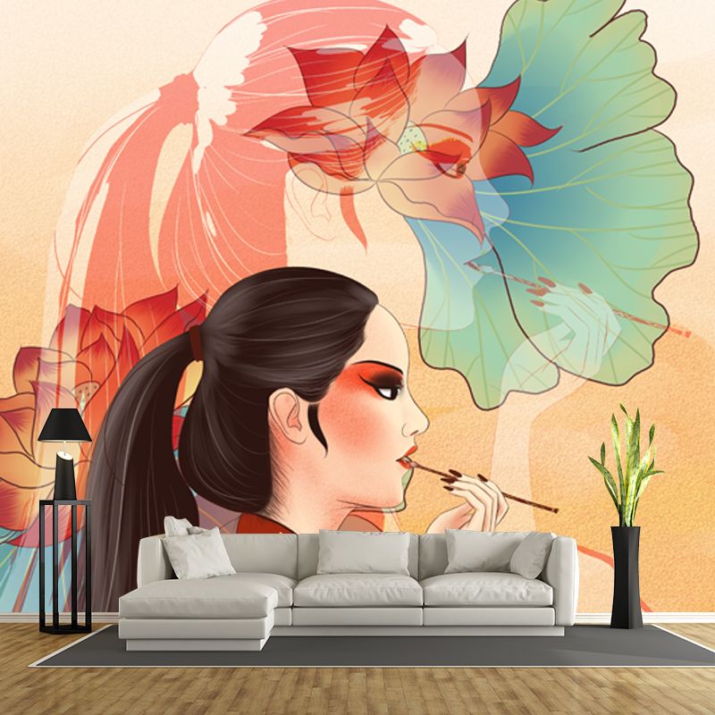 Chinese Opera Actress Mural in Red Girls Bedroom Wall Decoration, Custom Size Available