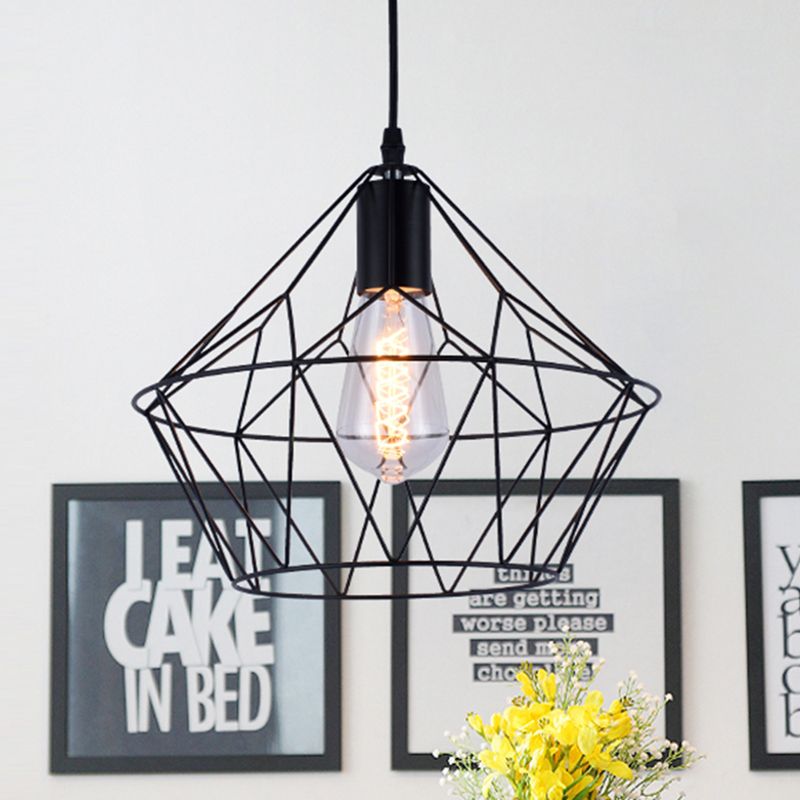 1-Light Pendant Light Fixture with Wire Cage Metal Modern Style Indoor Hanging Lamp in Black