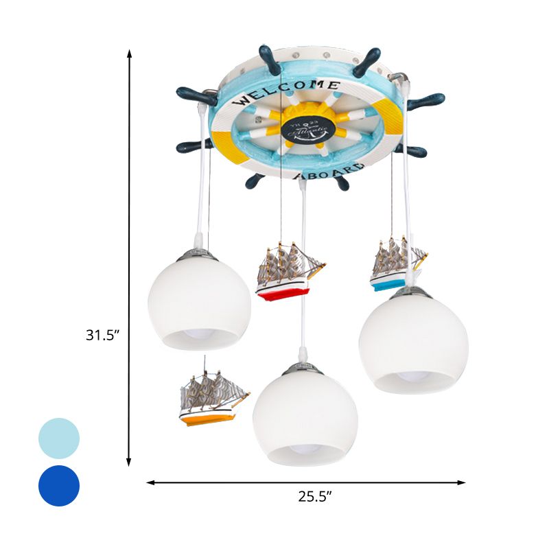 Cream Glass Rudder Cluster Pendant Kids 3-Bulb Light/Dark Blue Hanging Ceiling Light for Living Room