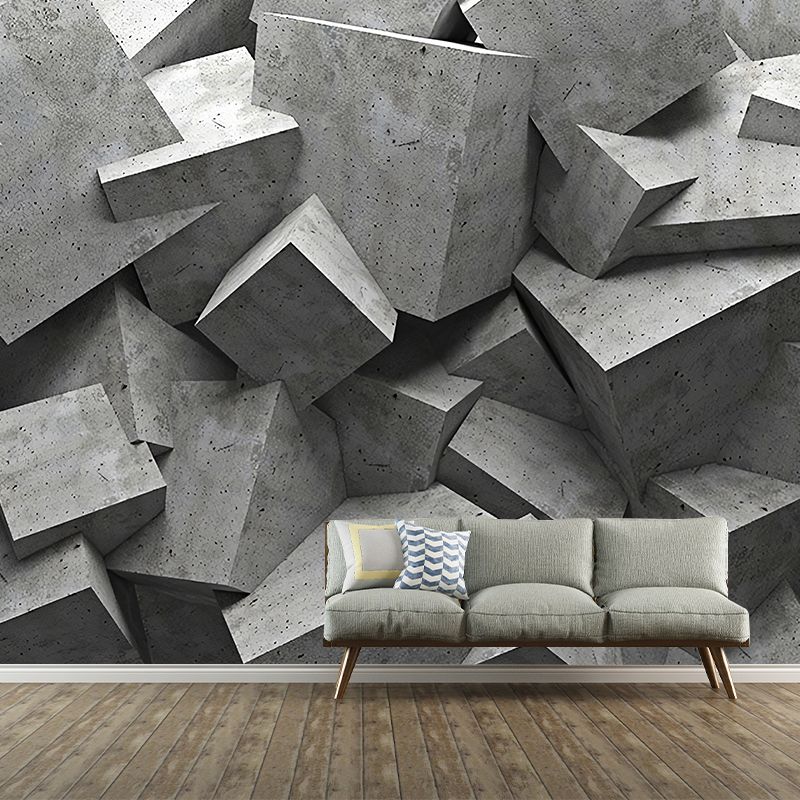 Industrial Mural Wallpaper Pastel Grey Irregular 3D Geometries Wall Art, Customized Size Available