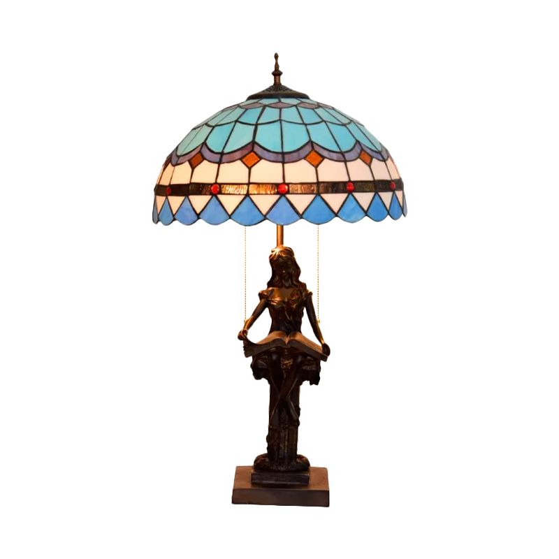 Tiffany-Style Girl Studying Table Light 2 Bulbs Resin Pull-Chain Night Lamp with Grain/Grid/Floral Beige/Blue-White/Blue-Brown Glass Shade