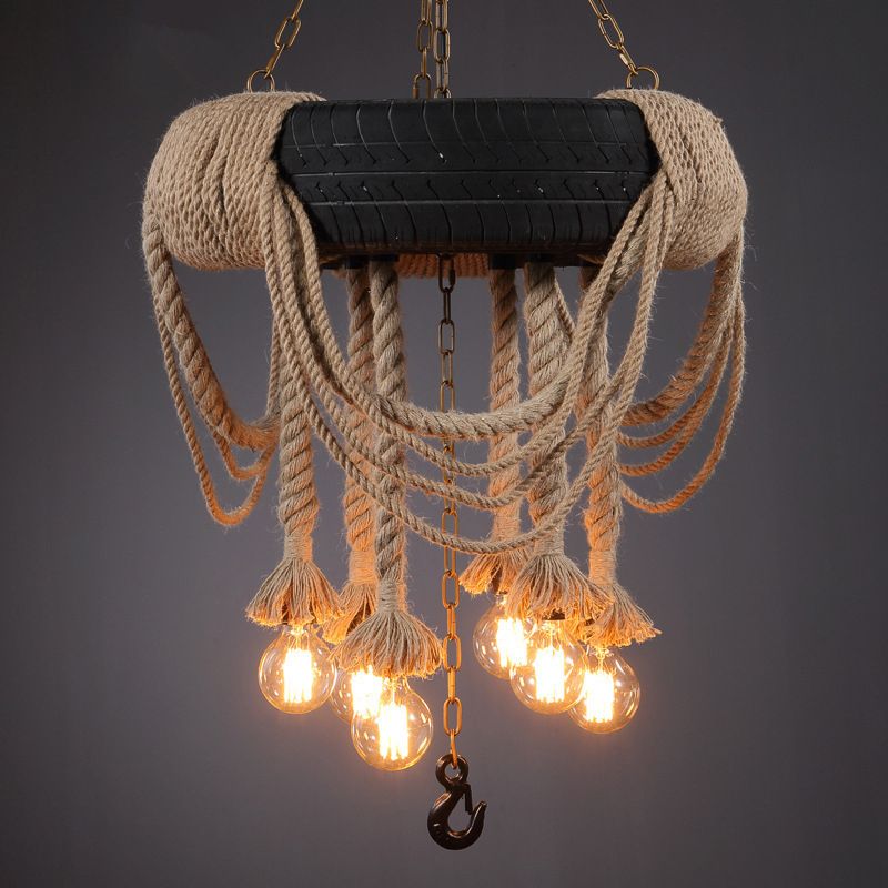 Black Automobile Tire Pendant Light Retro Industrial Rope Suspension Light for Restaurant