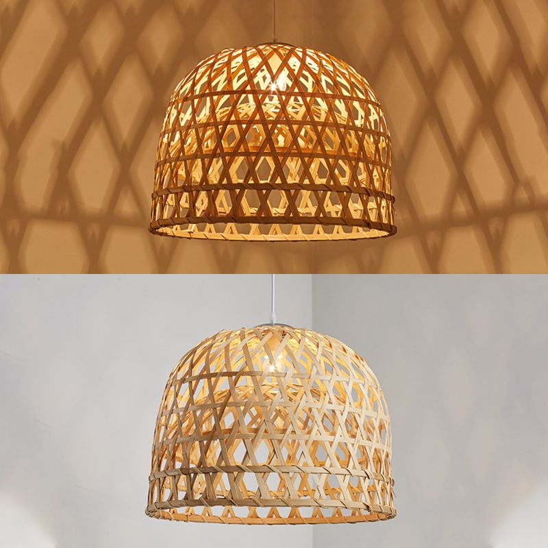 Handwoven Dome Pendant Light Fixture Chinese Bamboo 1 Light Dining Table Ceiling Light in Beige