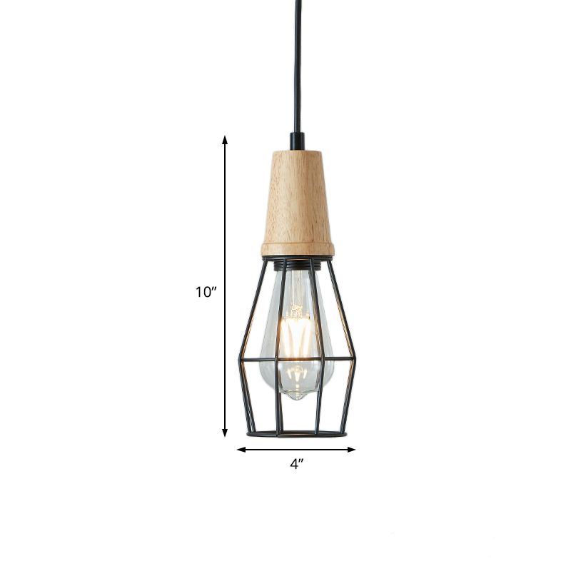 1-Light Ceiling Light Industrial Geometric Cage Style Iron Pendant Lamp with Wooden Top in Black/Chrome/Rose Gold for Bedroom