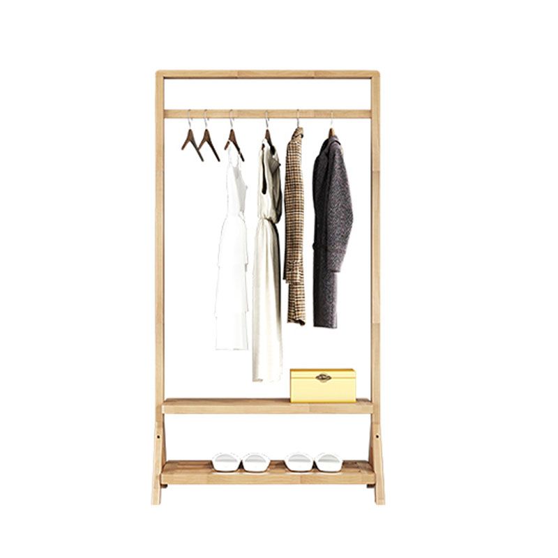 Contemporary Style Coat Hanger Solid Wood Double Shelves Coat Rack for Living Room