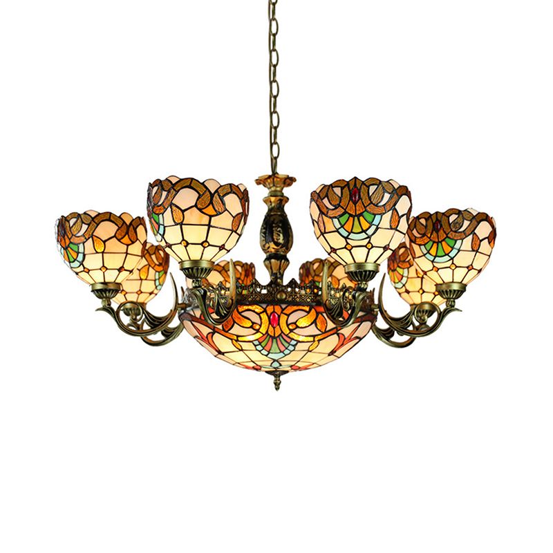 Multi Light Domed Chandelier Lamp with Metal Chain Height Adjustable Stained Glass Pendant Light