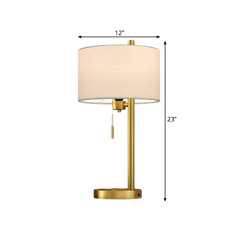 Fabric Drum Shape Reading Lamp Rustic Single Bulb Bedroom Nightstand Light with Pull Chain in Gold