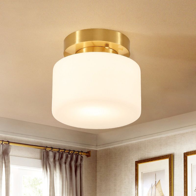 1 Light Cylindrical Glass Semi Flush Mount Lighting Modern Minimalism Gold Ceiling Light for Hallway