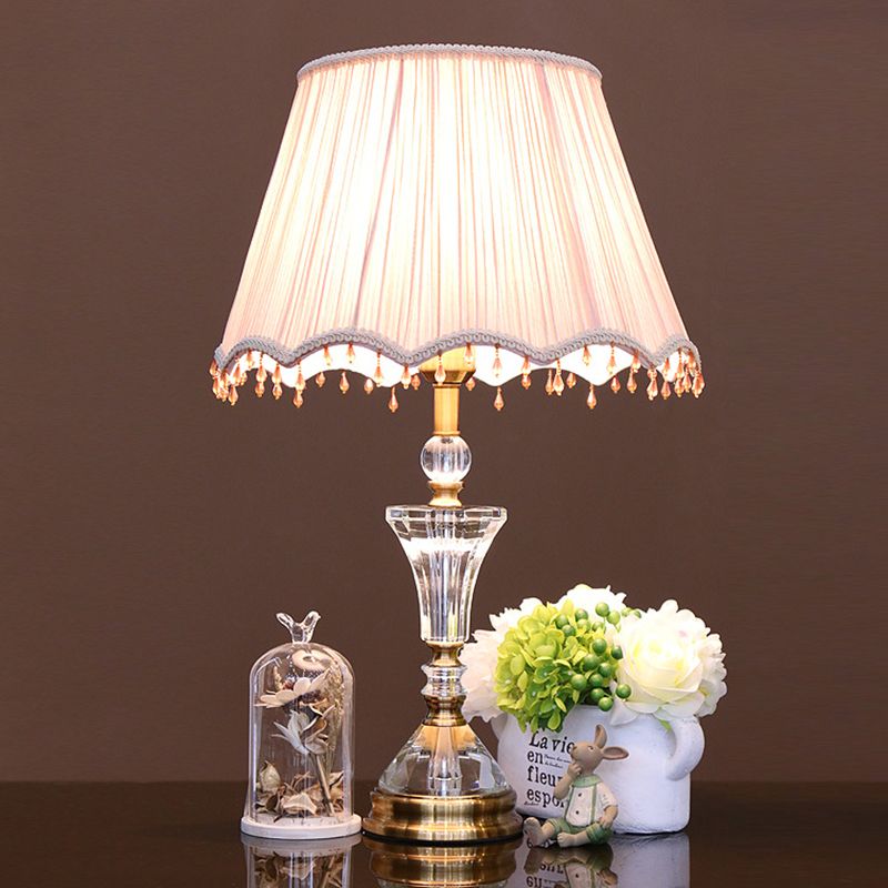 Pleated Shade Crystal Night Table Lamp Minimalism 1 Light Bedroom Nightstand Light in Pink with Crystal Accent