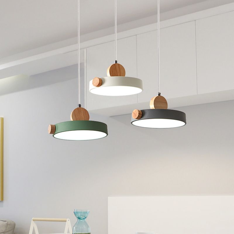 Grey/White/Green Round Hanging Light Nordic LED Acrylic Ceiling Suspension Lamp with Wood Decoration