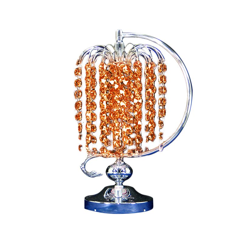 1-Head Drooping Tassel Night Light Retro Pink/Yellow/Blue Crystal Table Lighting with Polished Chrome C Arm