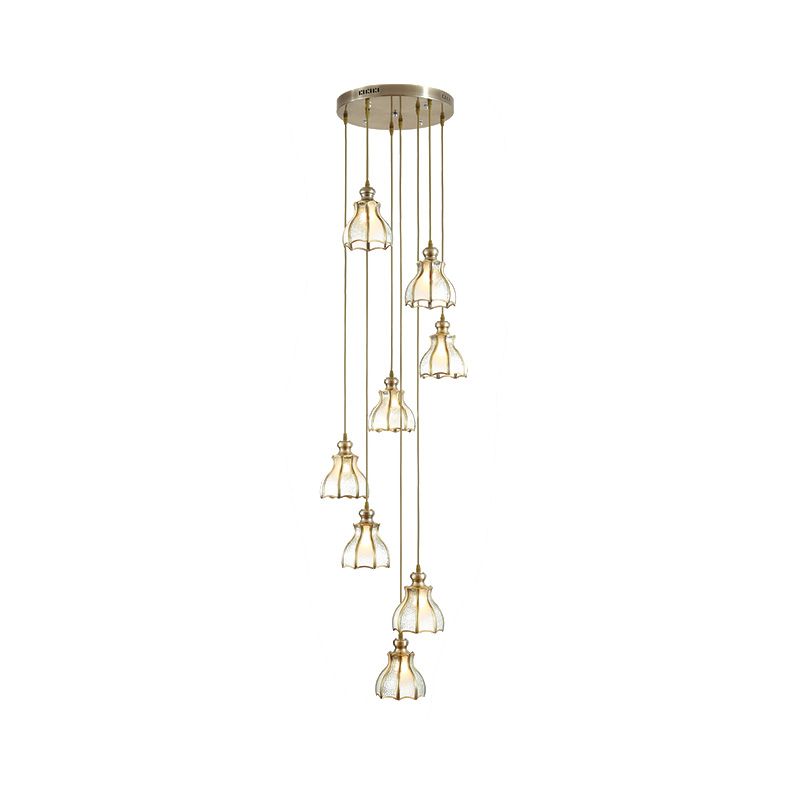 Colonial Spiral Ceiling Light 8 Bulbs Metal Cluster Pendant Lamp in Gold with Frosted Glass Shade