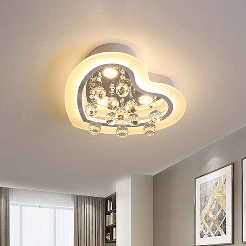 16"/19.5" W Acrylic Heart Flush Light Fixture Minimalism LED Bedroom Ceiling Lighting in White with Crystal Orb