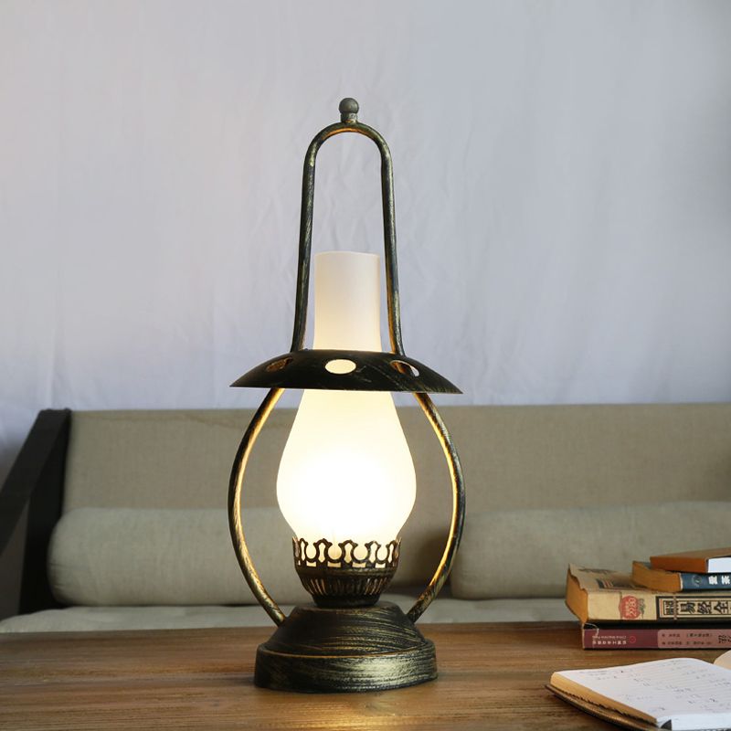 Brass Finish 1 Head Desk Lamp Industrial White Glass Lantern Metallic Table Light with Metal Base