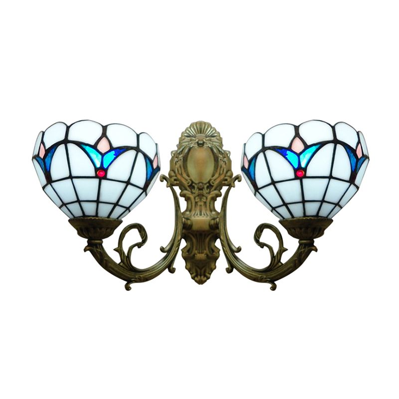 Stained Glass Domed Wall Sconce 2 Heads Traditional Tiffany Wall Lamp in White for Hotel