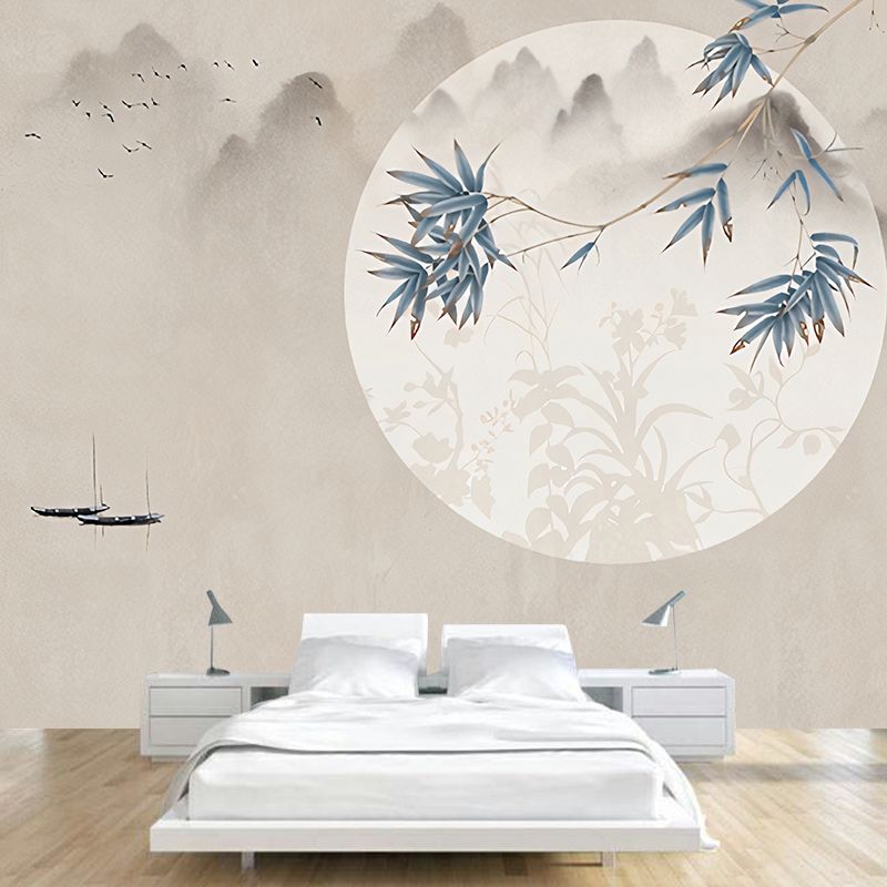 Blue and Brown Bamboo Mural Wallpaper Stain-Resistant Wall Covering for Home Decoration