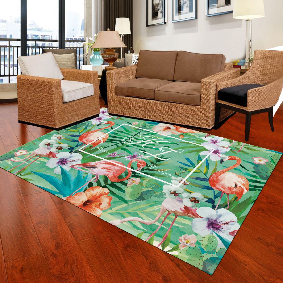 Classic Tropix Indoor Rug Multi-Color Flamingo Carpet Anti-Slip Backing Stain Resistant Machine Washable Rug for Family Room