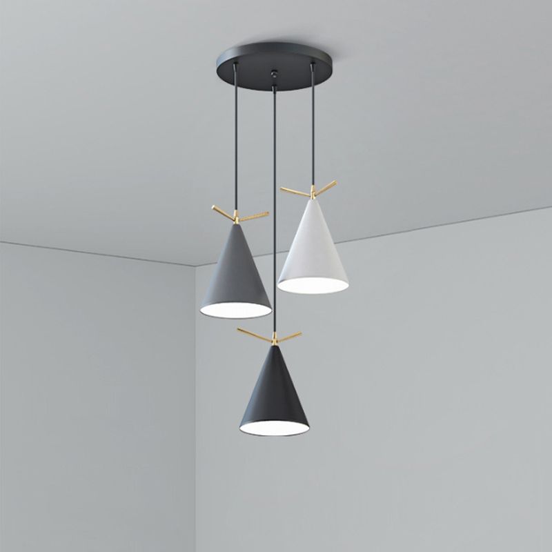 Cone Shade Cluster Pendant Nordic Metallic 3-Light Black/Black-Grey-White/White Hanging Lamp with Antler Decor and Round/Linear Canopy