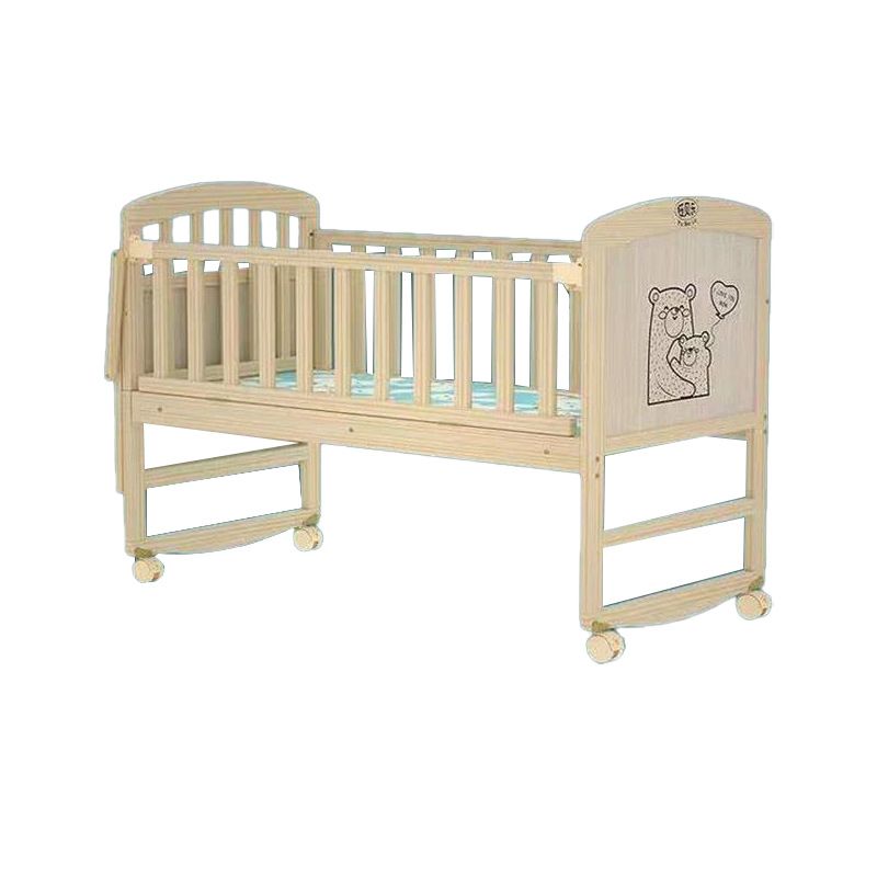 Convertible Baby Crib Wheels Wood Nursery Bed with Guardrail