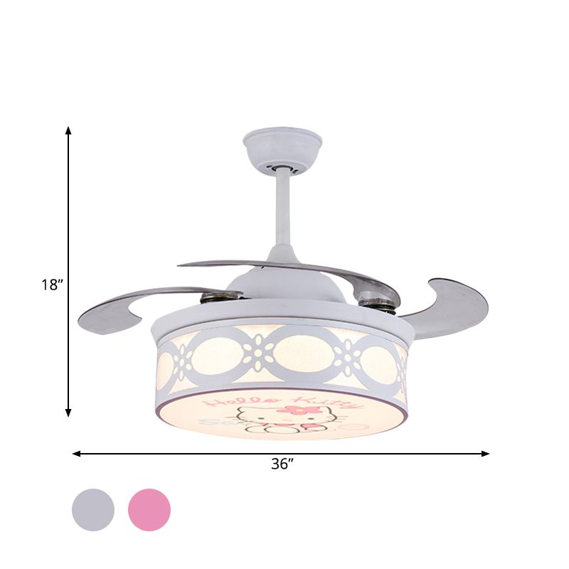 4 Blades Drum Semi Flush Mount Lamp Kinderen Metalen slaapkamer 36 "W LED Hangende hangerslamp in wit/roze met cartoonkattenpatroon, op afstand/muur en afstandsbediening