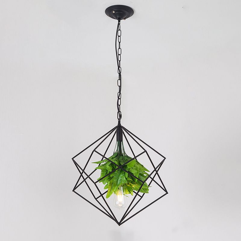 1-Bulb Diamond Cage Plafond Pendant Light Farm Black Finish Metallic Hanging Lamp Kit avec green plante Déco