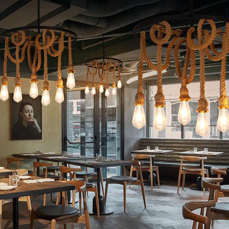 Bare Bulb Chandelier Light Fixture Industrial Rope Pendant Lighting for Restaurant (Without Plants)