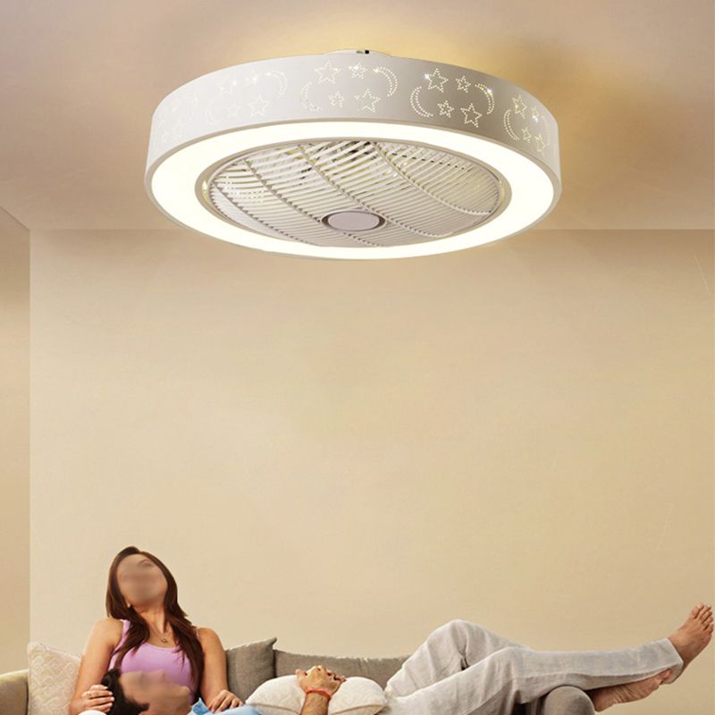 White Hollowed-out Ceiling Fan Nordic Metal LED Round Semi Flush Light for Bedroom