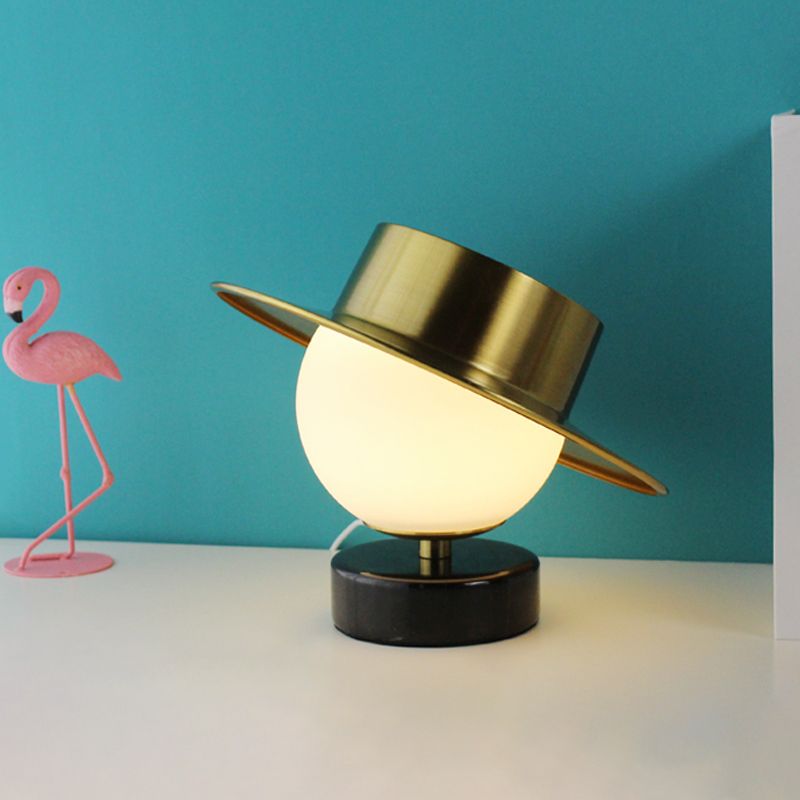 Hat Metallic Table Light Contemporary 1 Head Brass Nightstand Lamp with Milk Glass Shade