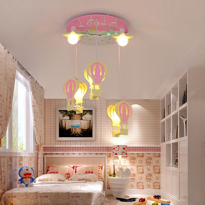 Wood Hot Air Balloon Hanging Pendant Light Kids 5 Bulbs Hanging Lighting for Bedroom