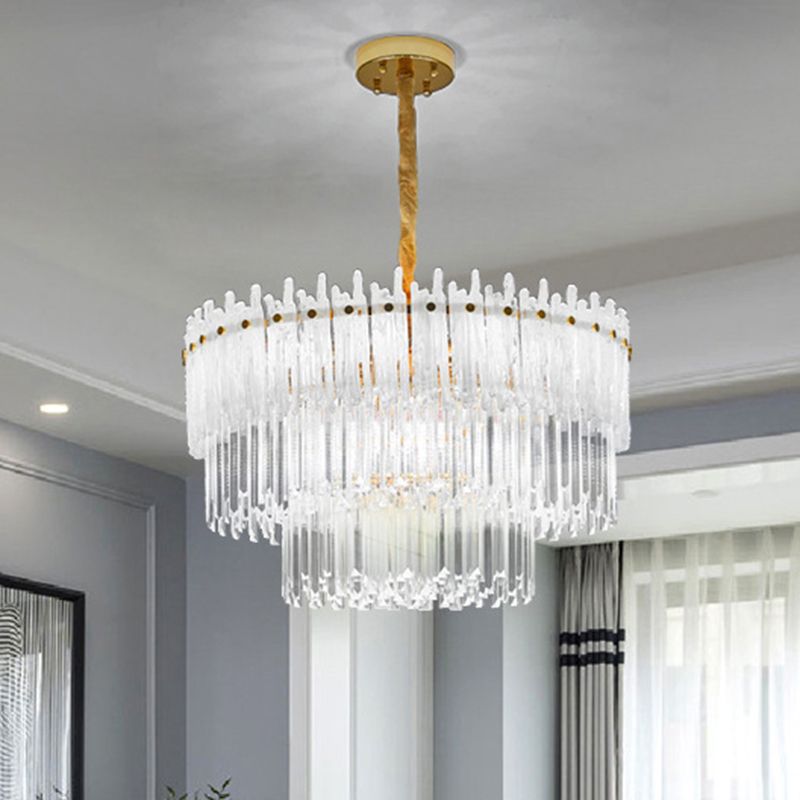 3 Tiers Clear Crystal Rod Pendant Chandelier Modernism 12 Lights Gold Suspension Light