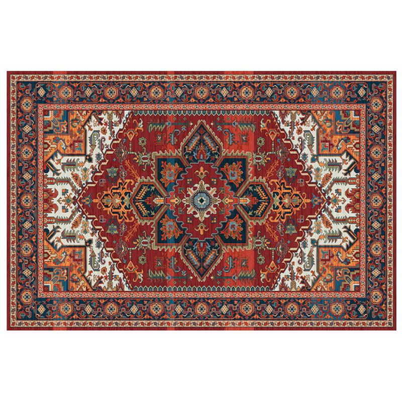 Red Tone Floral Print Rug Polyester Carpet Antique Anti-Slip Backing Indoor Rug for Living Room