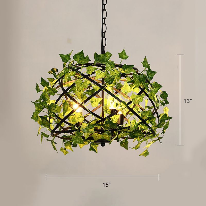 Metal Bird Nest Hanging Light Rustic 4 Bulbs Restaurant Pendant Light with Ivy Decor in Green