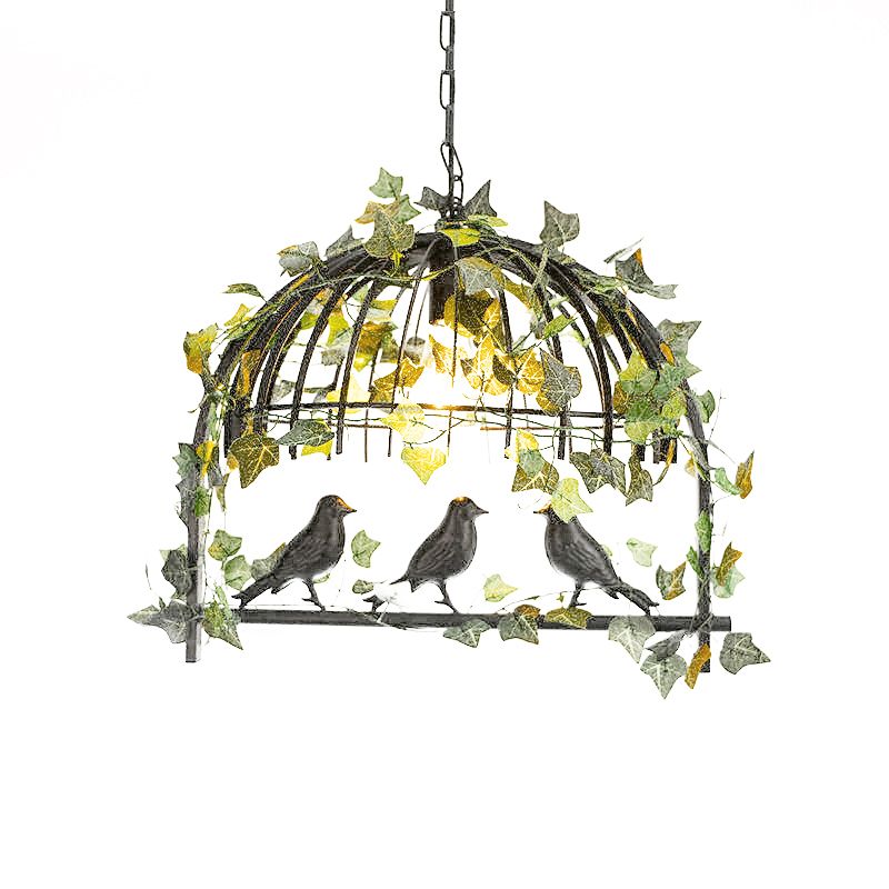 Iron Birdcage Suspension Light Antique Restaurant Island Chandelier Light with Artificial Ivy in Green