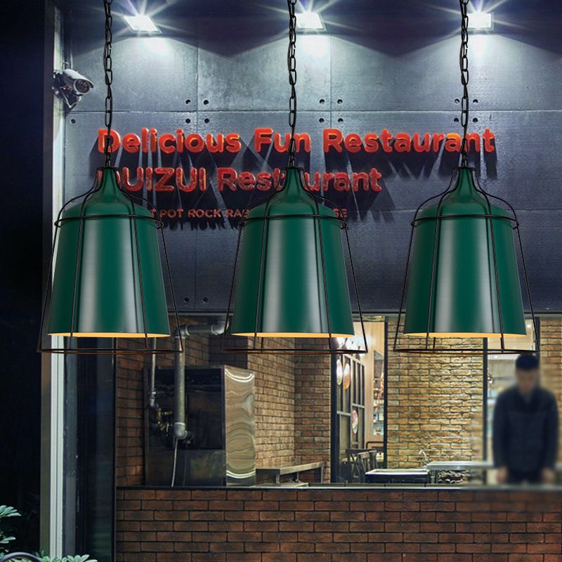 Dark Green 1 Bulb Hanging Pendant Industrial-Style Aluminum Tapered Suspension Lighting with Wire Cage