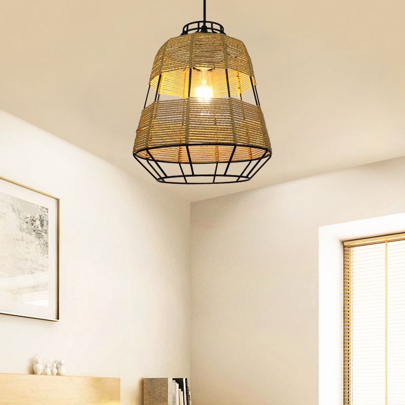 Barrel Metal Cage Hanging Lamp Chinese Straw Rope 1-Light Beige Drop Ceiling Light for Living Room Restaurant