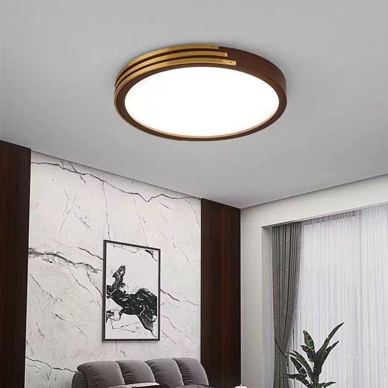 1-Light Round Flush Mount Modern Wood Flush Light in Brown for Bedroom