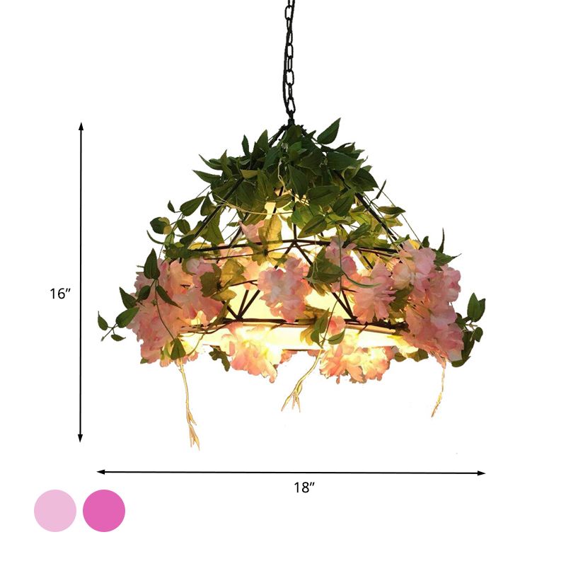 Roze/licht roze 1 kop hanglamp industrieel metalen diamant led hangend plafondlicht met rozendecoratie, 18 "/23.5" w