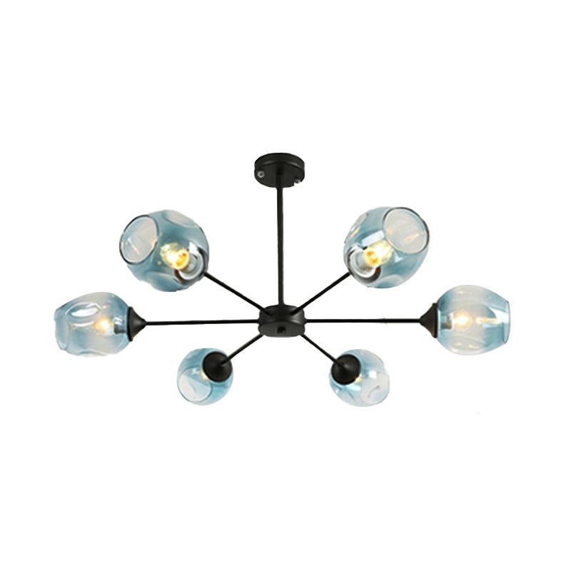 Modernist 3/6/8 Lights Hanging Chandelier Black/Chrome Sputnik Suspension Pendant with Blue/Amber Glass Shade