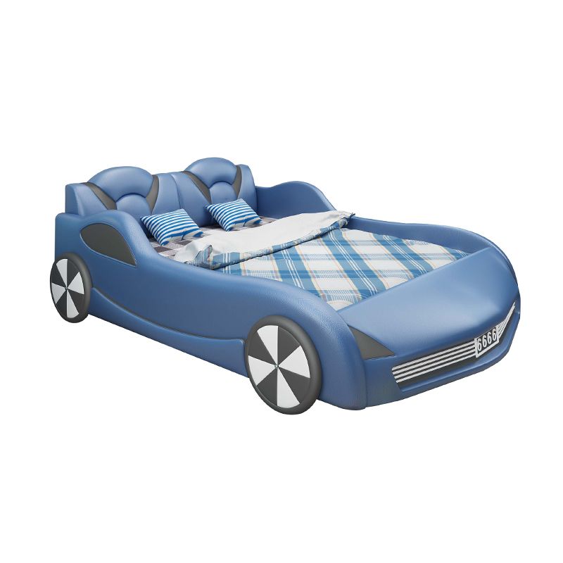 Modern Leather Platform Bed Low Profile Blue Headboard Cars Theme Bed