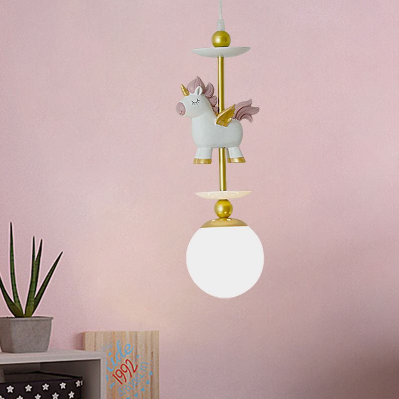 1-Light Bedside Pendant Lighting Cartoon Gold Unicorn Hanging Lamp with Sphere White Glass Shade