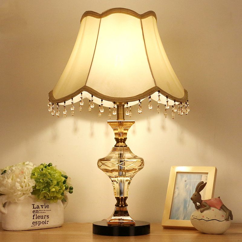 Beige Paneled Bell Nightstand Lamp Modern 1 Light Faceted Crystal Night Lighting with Vase-Shaped Base