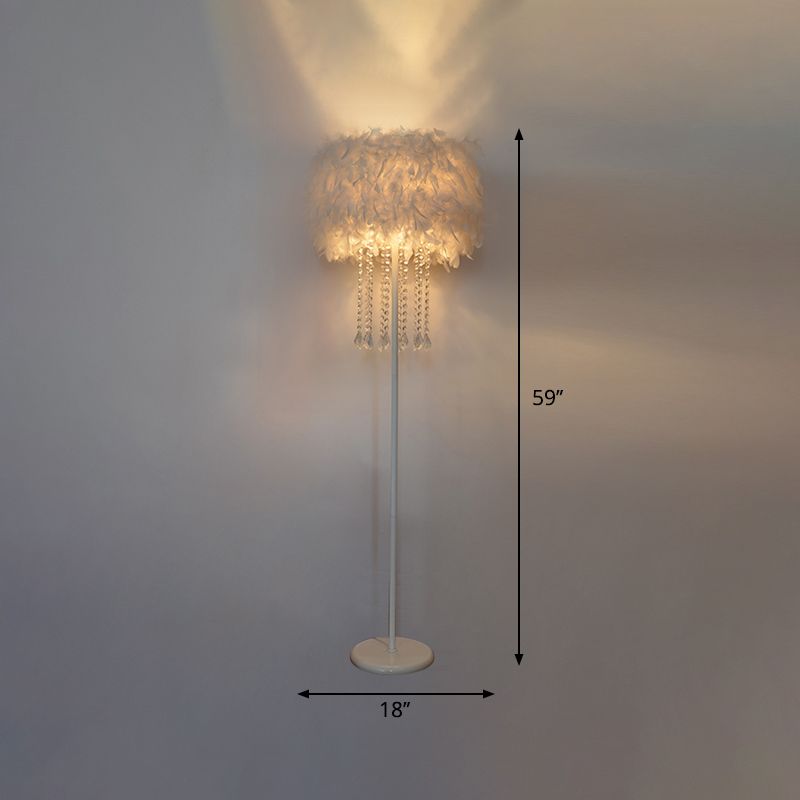 Drum Bedside Floor Lamp Feather 1-Light Modernist Stand Up Lamp in White with/without Crystal Drop