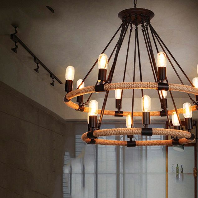 Bare Bulb Design Hemp Rope Chandelier Round Vintage Industrial Style Lighting Pendant for Restaurants Coffee Shop