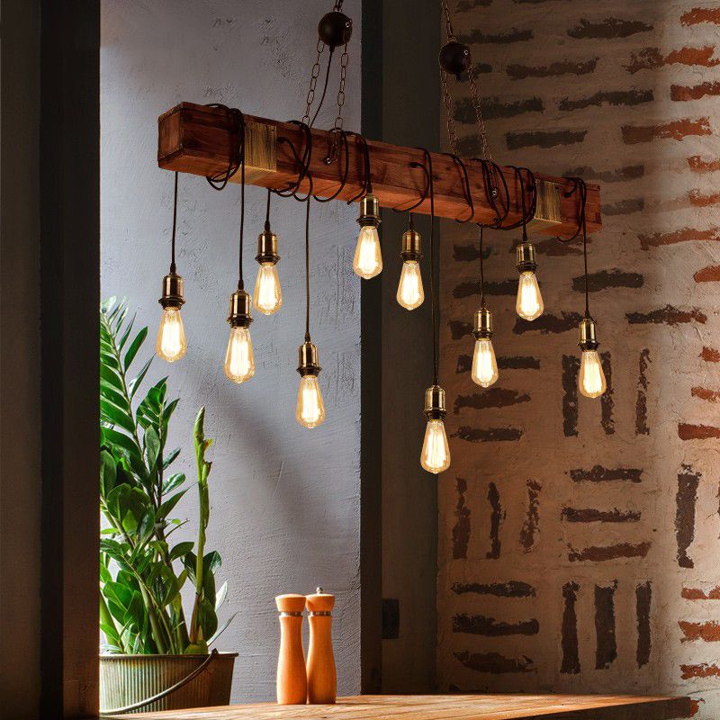 Linear Island Lighting Fixtures Industrial Wood Pendant Lighting for Restaurant